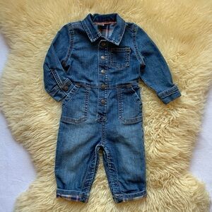 Oshkosh Baby B’gosh Blue Jean Denim Long Sleeve Coverall Jumpsuit Outfit 12M